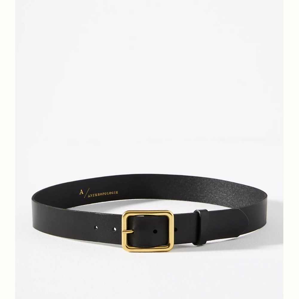 Anthropologie Black Leather Belt with Gold Buckle